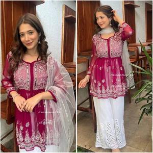 Nouveau Designer Georgette Broderie Et Réel Miroir Travail Top Palazzo Séquence Travail Fantaisie Quatre Côté Dentelle Bordure Dupatta Ensemble - Product Image 3