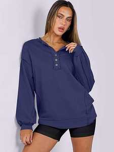 Oversized <b>Womens</b> Hooded <b>Navy</b> Blue Long Sleeve Button Front Soft Casual Sweatshirt Comfortable Loose Fit Everyday Wear - Product Image 3