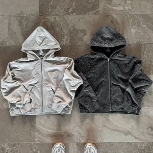 Personalizado de los hombres 480gsm de peso pesado Zip-Up Rhinestone Sudadera con capucha Streetwear Boxy Fit recortado diamante ácido lavado Sun Faded 100% algodón - Product Image 3