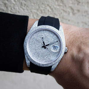 Montre de luxe pour homme de haute qualité sans batterie avec cadran en verre, demi-sertie de diamants, bracelet noir hip-hop, boîtier volumineux, livraison gratuite - Product Image 4