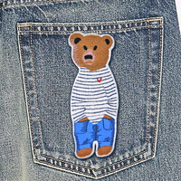 Patch brodé 3D personnalisé en forme d'ours en peluche avec motif rayé en tissu toile pour chapeaux streetwear