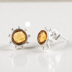 Yellow Citrine Quartz Gemstone Stud Earrings 925 Sterling Silver Beaded Bezel Round Minimalist Moissanite Wholesale Jewelry - Product Image 1