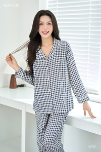 Ensemble de pyjama en lin rayé au charbon de bois en gros B751, vêtements de maternité absorbant la transpiration pour femmes enceintes - Product Image 3