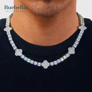 Gran oferta 925 Plata 14K chapado en oro blanco 5mm moissanita diamante completo helado trébol de cuatro hojas Cadena de tenis para hombres collares - Product Image 1