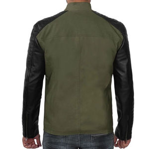 Men's <b>Racer</b> <b>Jacket</b> Green Cotton Body with Genuine Black Lambskin Leather Sleeves Custom Double Front Zip Hooded Collar - Product Image 5