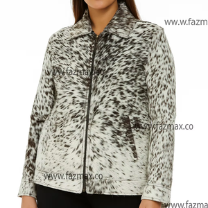 เสื้อแจ็คเก็ตหนังวัวแท้มีลวดลายสำหรับผู้หญิงเสื้อแจ็คเก็ตหนังสไตล์นักขี่จักรยานมีกระเป๋าพิมพ์ลายสัตว์ธรรมชาติ - Product Image 1