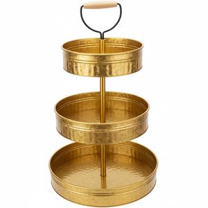 Elegante Bandeja de Servicio de Metal Dorado de 3 Niveles con Soporte y Asa de Madera, Forma Redonda, Exhibición de Postres para Fiestas y Eventos - Product Image 1
