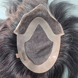 Taz Hair BD Fusion Perruque toupet en cheveux humains Remy à trame nouée à la main, base en dentelle frontale, couleur mixte 1B, patchs capillaires gris, prothèse capillaire - Product Image 1