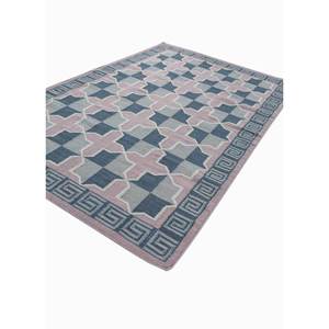 พรมขนสัตว์ขนาดใหญ่สีน้ำเงินอัลฮัมบรา 9x12 ฟุต ทอแบบเรียบด้วยเส้นใยปอกระเจา พร้อมลวดลายเรขาคณิตแบบแพทช์เวิร์คสำหรับทางเดินรูปสี่เหลี่ยมผืนผ้า-ADWL-13171 - Product Image 2