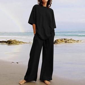 Conjuntos de chándal de verano transpirable para mujer a la moda, Jersey informal de media manga con cuello redondo, pantalones de pierna ancha, algodón 100% - Product Image 3