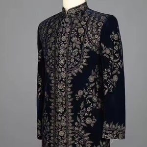 2024 lourd doré broderie marine velours Sherwani avec pantalon cristal verre perles pierre embelli chaussure grande taille Dabka travail - Product Image 1