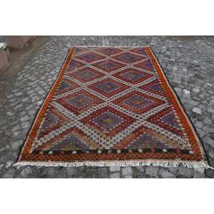 Tapis Kilim Turc Vintage 5.8 X 9.5ft Rouge Bleu Patchwork Design Laine Matériau Latex Support 10mm Rectangle Abstrait pour Vivre - Product Image 1