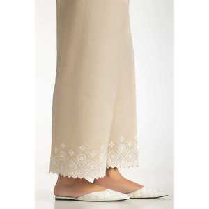 Pantalon en lin brodé beige Khaddar pour femme IPT-44025, taille haute, coupe large, jambe droite, respirant, broderie - Product Image 1