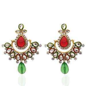 The99Jewel Clip-On Pendientes de moda Piedra roja y verde Meenakari Chandbali 1304811 - Product Image 1