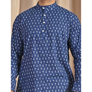 เสื้อคุร์ต้าผ้าฝ้ายป๊อปลินสีน้ำเงินพิมพ์ลายสำหรับผู้ชาย เสื้อเชิ้ตแขนยาวลำลอง ระบายอากาศได้ดีและสวมใส่สบาย - Product Image 2