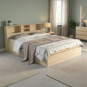 High Quality 2283 Modern Wood Double <b>Bed</b> <b>Frame</b> Storage Headboard Particle Board Bedstead With Drawers Natural Oak - Product Image 1