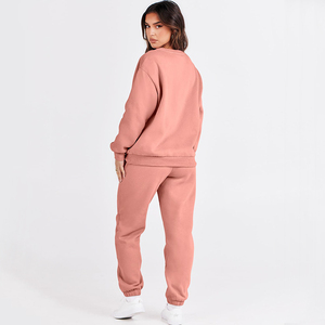 Custom Women's Two Piece Breathable 100% Cotton Fleece Crewneck Sweatsuit Jogger Lounge Sets Hooded Front Logo Solid Winter - Product Image 3