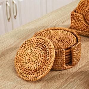 <b>Wicker</b> Square Coasters in Holder Natural Woven <b>Placemats</b> <b>Wicker</b> Sea Grass Coasters Heat Resistant <b>Placemats</b> Table Pad - Product Image 5