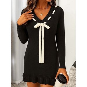 Abito in maglia corto da donna con maniche lunghe, scollo a V e lacci, 38171 - Nero - Product Image 2