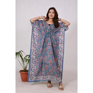 Maxi vestido caftán de algodón 100% para mujer, hecho a mano, bohemio, estampado Floral, ropa de descanso, ligero, transpirable para la playa en primavera y verano - Product Image 5