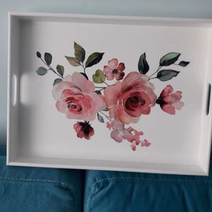 Plateau de service rectangulaire en bois blanc MDF avec poignées, motif floral rose, pour table basse, cuisine, organisation alimentaire, planche de base - Product Image 1