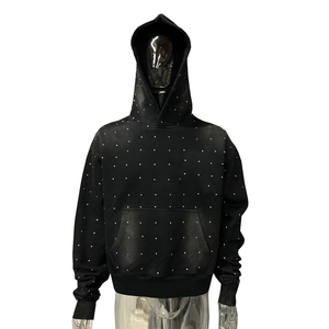Couleur noire Allover strass lavage à l'acide hommes sweats à capuche 400GSM pull poids lourd hiver sweats à capuche pour unisexe - Product Image 2