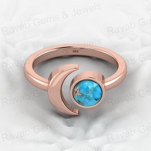 Best Selling 18K Gold Plated Genuine 925 <b>Silver</b> Blue Copper Turquoise Round Gemstone <b>Adjustable</b> Moon <b>Ring</b> for Women Fine Jewelry - Product Image 2