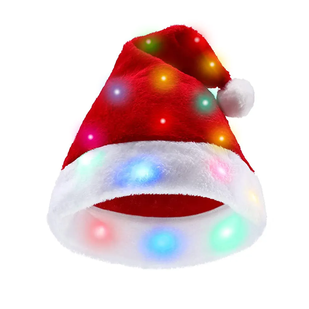 Sombrero de Navidad de felpa de Papá Noel, sombrero de decoración de fiesta, sombreros de Papá Noel de felpa personalizados, sombrero clásico de Papá Noel iluminado para niños adultos