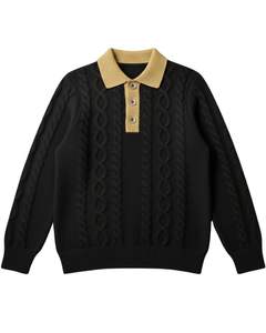 Customized Mens Cable Knit Polo Sweater Long Sleeve Button Neck Contrast Collar Winter Pullover Top In <b>Classic</b> Black - Product Image 1