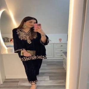 Velvet winter 2 piece co ord set with <b>sequence</b> embroidery <b>top</b> and plazo premium velvet coord set <b>for</b> <b>women</b> Casual Party Wear - Product Image 3