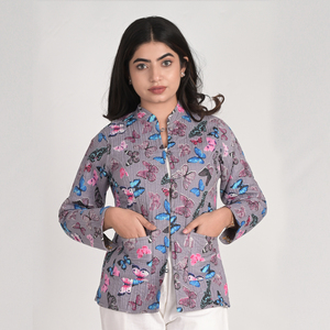 Chaqueta Acolchada con Estampado de Mariposas, Cuello Mao y Bolsillos, Abrigo Casual de Algodón para Mujer, Primavera - Product Image 1