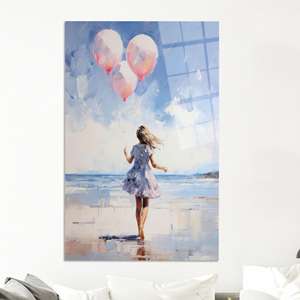 Cuadro en lienzo de niña con globo rosa: Decoración de pared costera de ensueño, arte en vidrio templado - Product Image 1