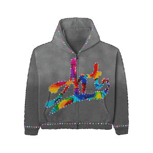 Custom Logo Rhinestone <b>Hoodie</b> 100% Cotton Acid Wash French Terry Unisex Street Wear with Zipper Design OEM ODM Baggy for <b>Men</b> - Product Image 6