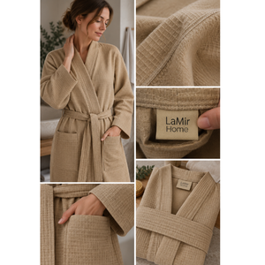 Albornoz de Baño Unisex de Punto Interlock 100% Algodón, Tipo Waffle, para Hotel y Spa, con Logotipo Personalizado, Proveedor OEM, Hecho en Turquía - Color Beige - Product Image 3