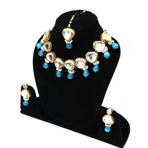 Gold-Plated Blue Tumble <b>Studded</b> Polki Kundan Choker Necklace Set with Monalisa Stone Fashion Jewelry Sets - Product Image 2