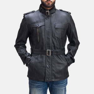 Veste en cuir noire sur mesure pour homme avec poches et ceinture, veste en cuir safari, manches en cuir personnalisées, veste personnalisée - Product Image 1