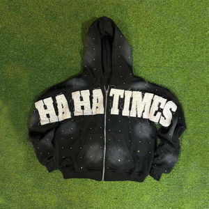 100% coton polaire solide Style fermeture éclair à capuche hiver soleil fondu à capuche avec détresse Applique broderie et strass hommes à capuche - Product Image 4