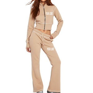Ensemble de survêtement vintage pour femme OEM ODM, veste courte zippée à surpiqûres contrastées, pantalon large, 100% coton, streetwear - Product Image 1