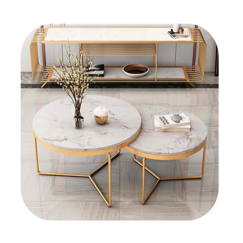 Top Quality Nordic Style round marble luxury coffee table set modern living room furniture stainless steel coffee table