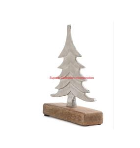 High Quality Silver Metal <b>Christmas</b> <b>Tree</b> Sculpture Carved Modern Design with Wooden <b>Base</b> <b>for</b> Home Decor and Festivals - Product Image 1
