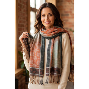 Chal de Pashmina Suave con Estampado Étnico para Mujer, Verde y Borgoña, 75 x 155 cm, Accesorio de Viscosa - Product Image 4