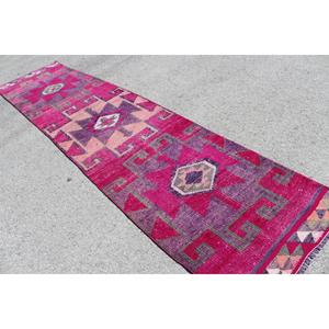 Tapis de couloir vintage, tapis turc 2,9x12,3 pieds, tapis en laine abstrait rose - Product Image 4