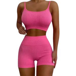 Top et short côtelés deux pièces pour femmes, ensemble d'entraînement de yoga, vêtements de sport d'été - Product Image 4