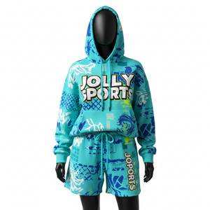 Conjunto de Sudadera Corta con Capucha de Felpa de Algodón Premium para Mujer, Color Azul Agua, Estampado Gráfico, Logotipo Personalizado, Conjunto de Shorts Deportivos para Mujer - Product Image 4