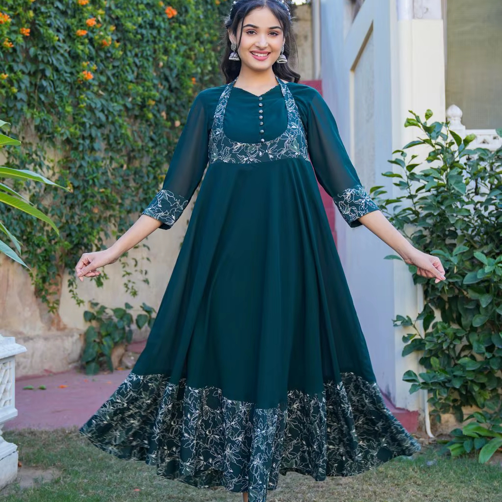 anarkali dress ladies Green Georgette Women 2-Piece Summer Eco-Friendly Breathable Quick Dry Elegant Party Wear Outfit Soft Flowing Green