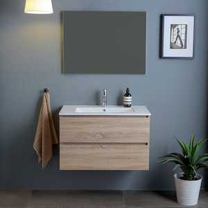 Natural Belize Oak 80cm Wall-Mounted Bathroom <b>Vanity</b> <b>Unit</b> with Two Drawers Bathroom Sets - Product Image 2