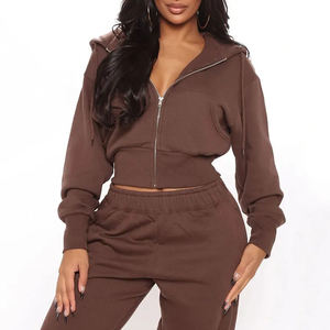 Bomber biologique pour femmes coton haut court pantalon de survêtement sweats à capuche Jogging survêtement à capuche ensemble survêtements respirants pour femmes - Product Image 3