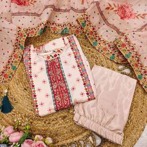 Elegante aspecto floral bordado Beige Salwar Kameez con Dupatta para boda y fiesta traje paquistaní - Product Image 5