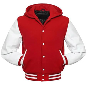 แจ็กเก็ตผ้าขนสัตว์หุ้มด้วยหนังแท้มีฮู้ดแขนเสื้อแจ็คเก็ตเลตเทอร์แมนสำหรับฤดูหนาว - Product Image 1