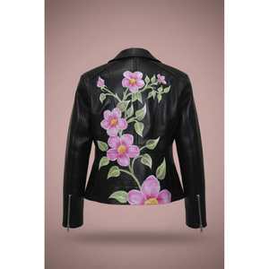 Blouson moto en cuir peint à la main pour femme, logo personnalisé, satin, cristal, fourrure brodée, polyester doux, coton, taille XL pour l'automne et l'hiver - Product Image 2